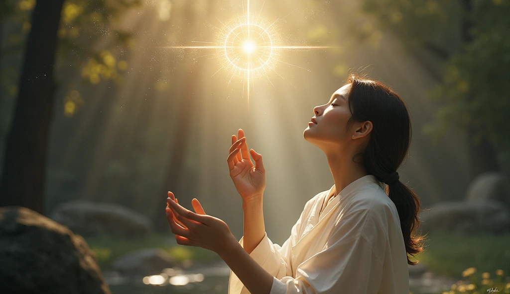 "A person receiving a subtle, yet clear sign of divine guidance, perhaps through a symbolic gesture or light. The environment is calm but filled with hints of a larger, unseen plan. The mood is one of quiet assurance and faith in the path ahead."

