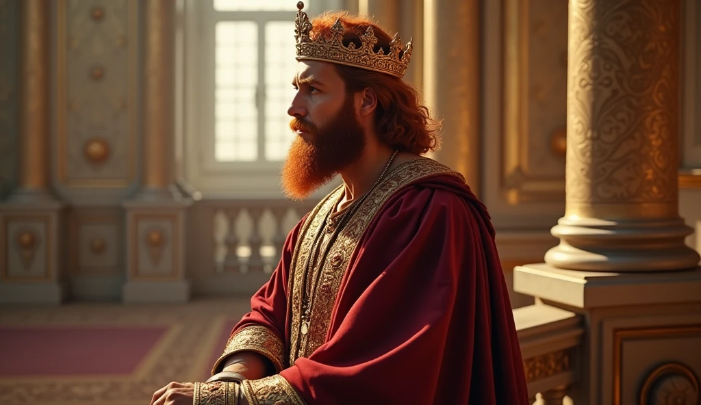 (best quality: 1.4), (Ultra Highres: 1.2), (photorealistic: 1.4), (8k, RAW photo: 1.2). The description of King David's physical appearance is not detailed in the biblical narrative, but her origin suggests that she probably had similar characteristics to other people in the region. He has good-looking red hair and a beard. Without historical-cultural context, the story of man with the appearance of a King, he wears a crown and king's clothes, he is in his palace, observing from the balcony