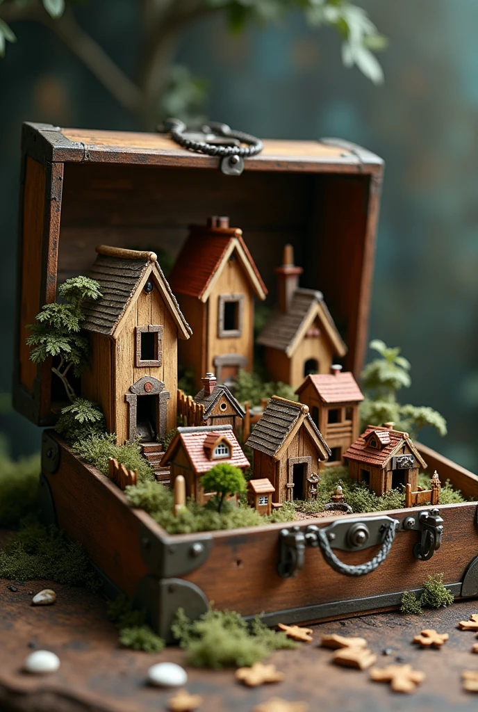 A large, old chest with the door open. Inside the chest there are houses built with popsicle sticks to house little adult men measuring 5 cm tall..