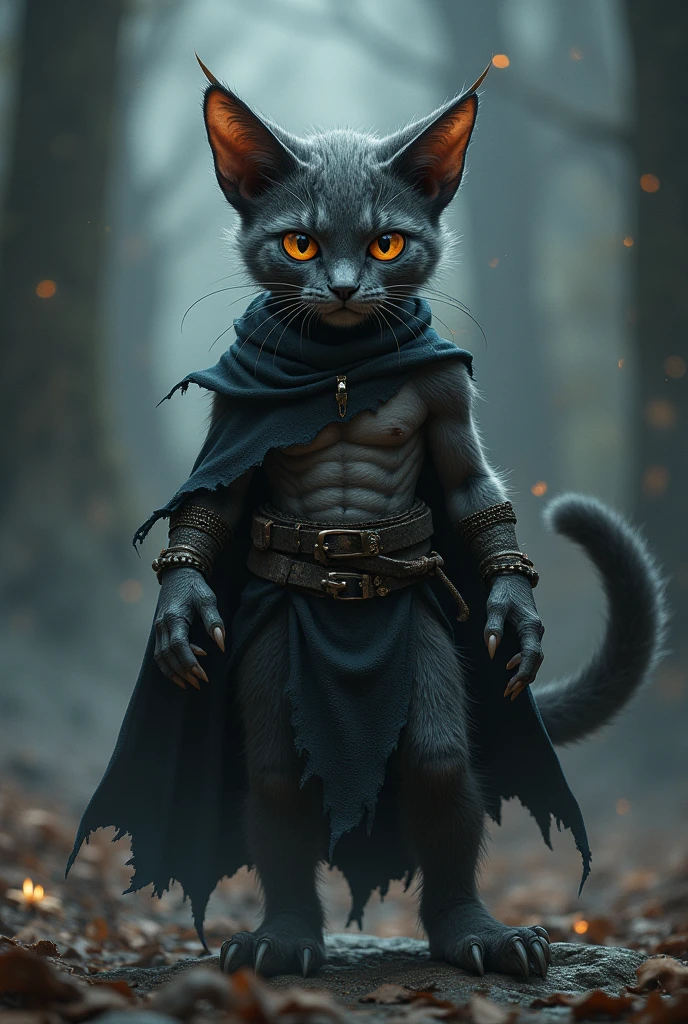 A very muscular wizard child, half human half cat, realisitic, with black magic