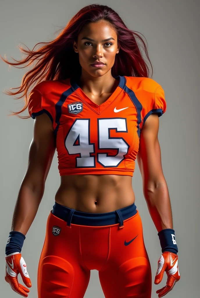 A photo of Rachelle Jackson, a Linebacker for the female Syracuse Orange football team. Number 45. Dark red hair