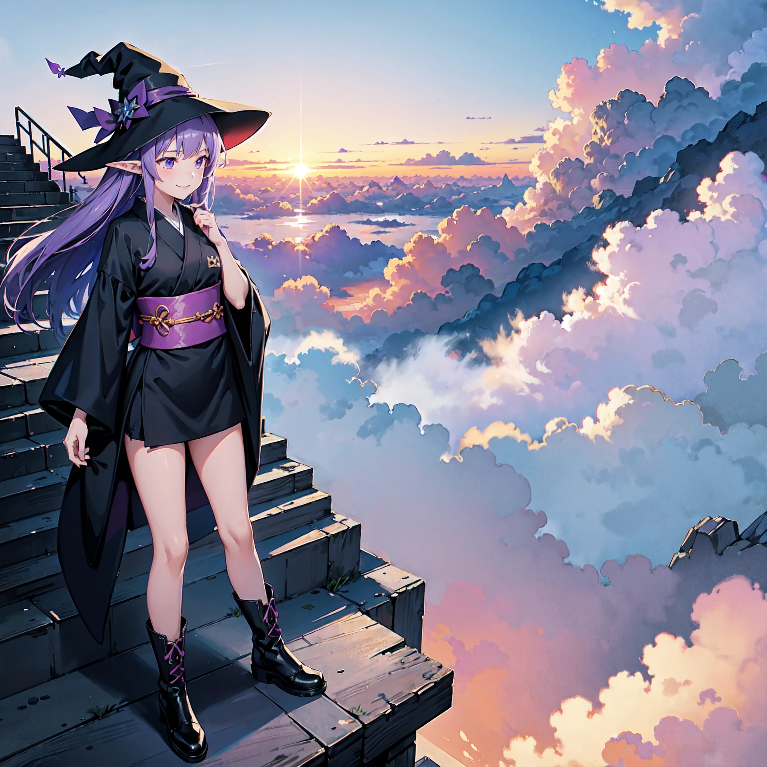 A girl with long purplish hair. A kind, full smile. Pointy elf ears. Her clothes are simple: a black robe with wide sleeves and a black miniskirt. Her knees are showing. There is a V-shaped white insert in the front, like a kimono. A witch's hat with purple ribbons on each side. Black boots. Background, bright painting, Makoto Shinkai, only endless stairs, long floating stairs, floating stairs in the air, stairs above clouds, illustration, nostalgic, vivid, above clouds, bright, fresh, sunset. A maze of connected stairs. Staircase labyrinth. Not touching land.
