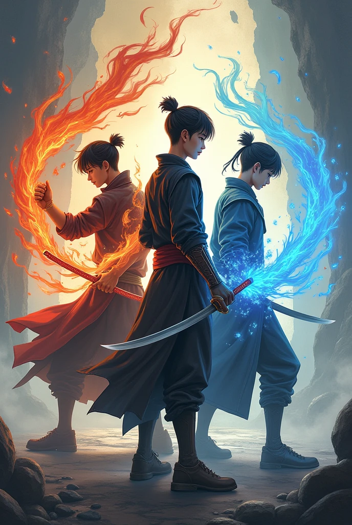 Three asian guys 25 years old with magical power. First one with air magic, second one with fire magic and third one with water magic. Air magic user is like assassin type, fire magic user is like sword user and water magic user is mage. All of them are male.