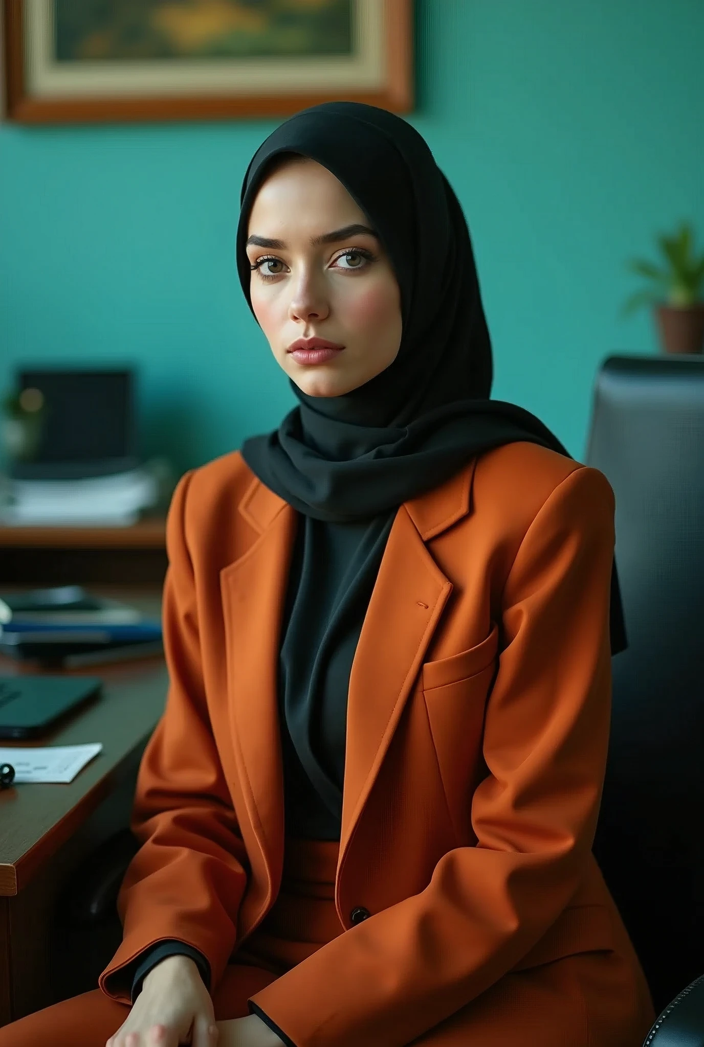 (Beautiful white islamic girl with a beautiful face with Hijab grey eyes large breast)), (islamic long blazer:1.5), (islamic long skirt),(islamic long sleeves), colorful, ((office)), exposure blend, sit down, thight,, bokeh, (hdr:1.4), high contrast, (cinematic, teal and orange:0.85), low saturation,(seductive angle),(full body),(detailed eyes:1.5),((no hair)),(cowboy shot),(glowing skin),(blink),(looking at viewer),(pale skin),(blush:1.2), selfie, medium shot,