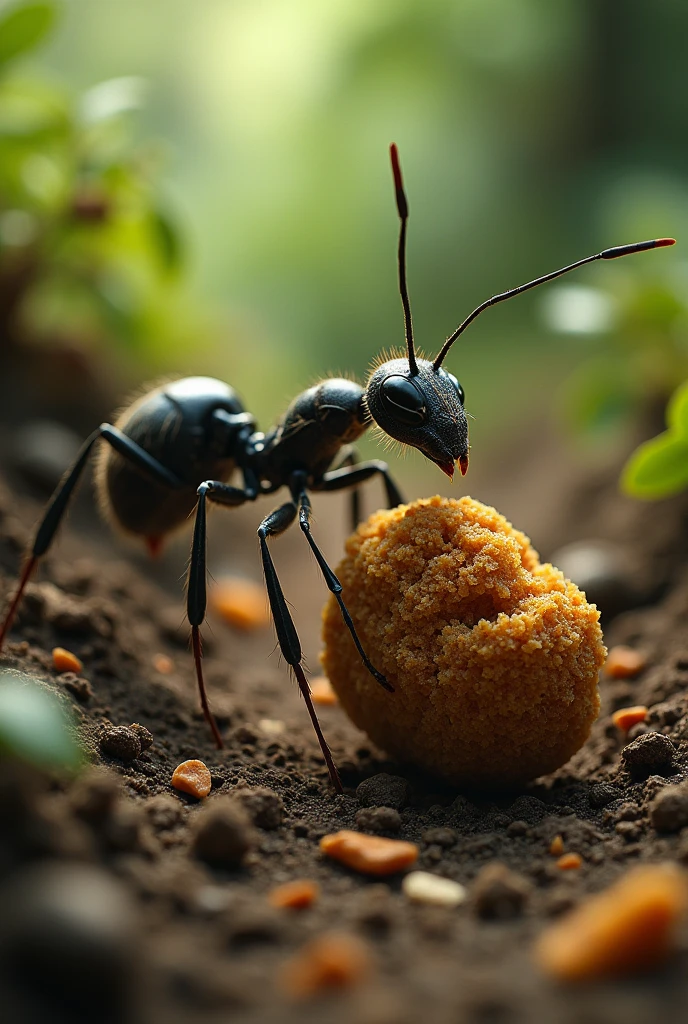 Finally, after much effort, the ant reached its nest with the crumb.