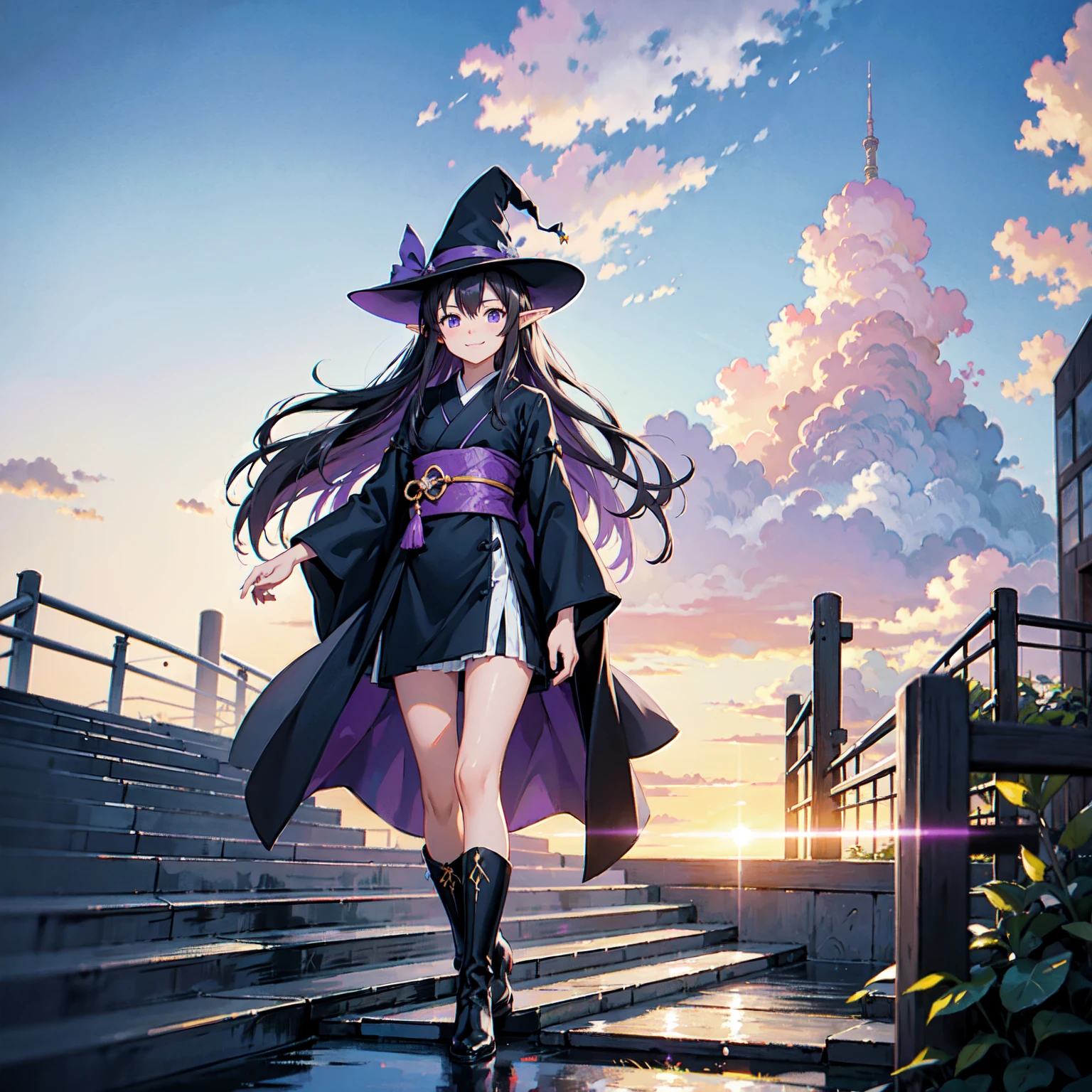 A girl with long purplish hair. A kind, full smile. Pointy elf ears. Her clothes are simple: a black robe with wide sleeves and a black miniskirt. Her knees are showing. There is a V-shaped white insert in the front, like a kimono. A witch's hat with purple ribbons on each side. Black boots. Background, bright painting, Makoto Shinkai, only endless stairs, long floating stairs, floating stairs in the air, stairs above clouds, illustration, nostalgic, vivid, above clouds, bright, fresh, sunset. A maze of connected stairs. Staircase labyrinth. Not touching land.