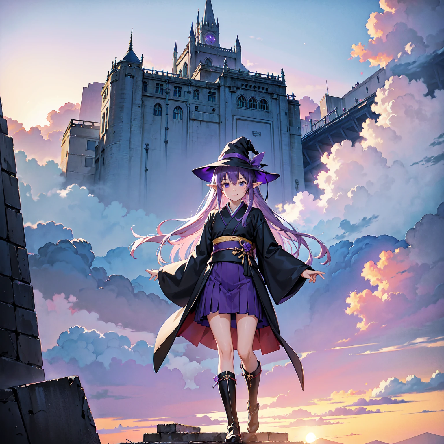 A girl with long purplish hair. A kind, full smile. Pointy elf ears. Her clothes are simple: a black robe with wide sleeves and a black miniskirt. Her knees are showing. There is a V-shaped white insert in the front, like a kimono. A witch's hat with purple ribbons on each side. Black boots. Background, bright painting, Makoto Shinkai, only endless stairs, long floating stairs, floating stairs in the air, stairs above clouds, illustration, nostalgic, vivid, above clouds, bright, fresh, sunset. A maze of connected stairs. Staircase labyrinth. Not touching land.