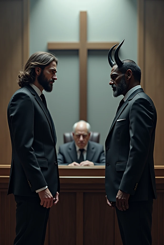 Create a contemporary courtroom scene with a modern, formal feel. In the center of the image, Jesus is portrayed as a lawyer. He is wearing an elegant suit and displays an expression of seriousness and compassion as he defends the defendant. Next to him, the devil is acting as the prosecution, with a sinister and threatening appearance, also in formal attire that contrasts with the courtroom environment. The defendant, visibly anxious, sits in the dock in simple attire, in contrast to the lawyers and accusers.