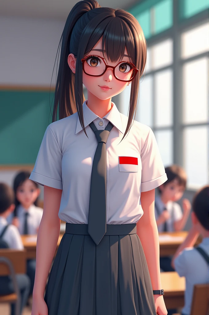 Beat quality picture, asian girl with glasses and pony tail long hair wear Indonesia uniform high school white shirt and grey skirt and Indonesia flag logo in her rightbreast!! And grey tie! and Indonesia Classroom background like a the space unbond game ps4!