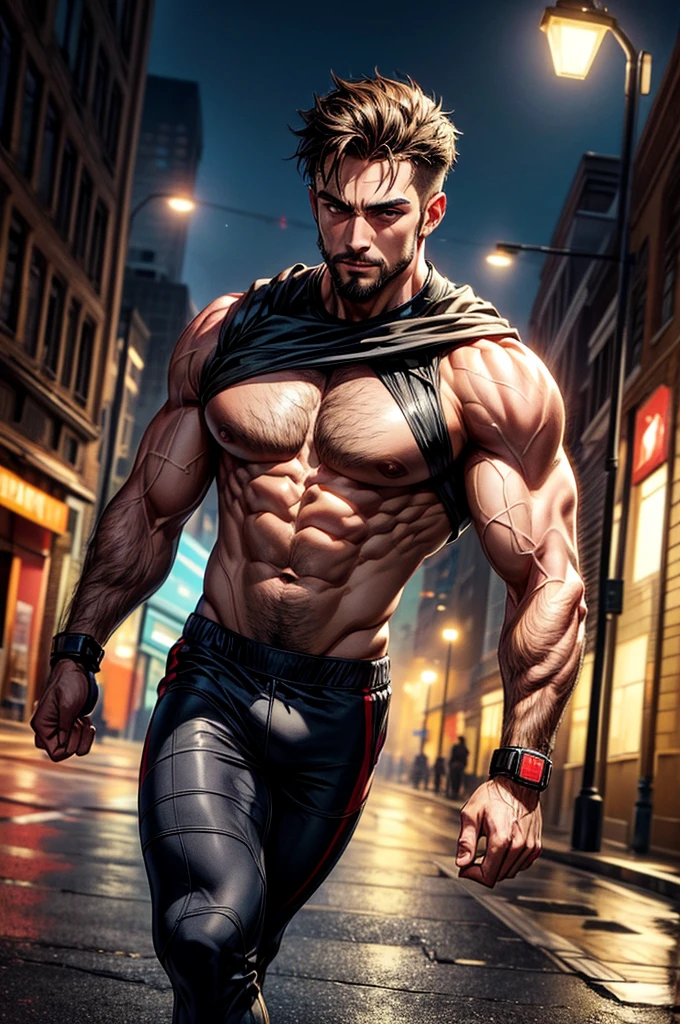 best quality, masterpiece, super high resolution, detailed background, realism, Illustrations, single, 1 boy, street, muscle, volumetric lighting, depth of field, facial hair, fitness trainer