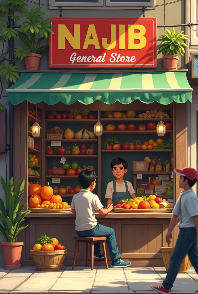 A boy age 18 year old sitting on his shop on the chair name on the show is banner is Najib general store selling fruits to Costumers 
