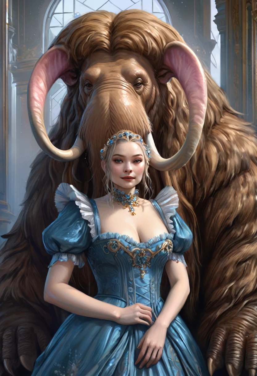 Brian Froud Inspired Beautiful Humanoid Creature. Cross Between A Wholly Mammoth And A walrus. femenine. Friendly And Inviting Looking. Exudes Good And Kindness. Wearing A 1920 Dress. Official Art, Award Winning Digital Painting, Digital Illustration, Extreme Detail, 4k, Ultra Hd, Rococo, Polished, Intricate, Realistic Fantasy Art, Sharp Focus, Concept Art, Art By Wlop, Artgerm, (2d Vector Illustration)