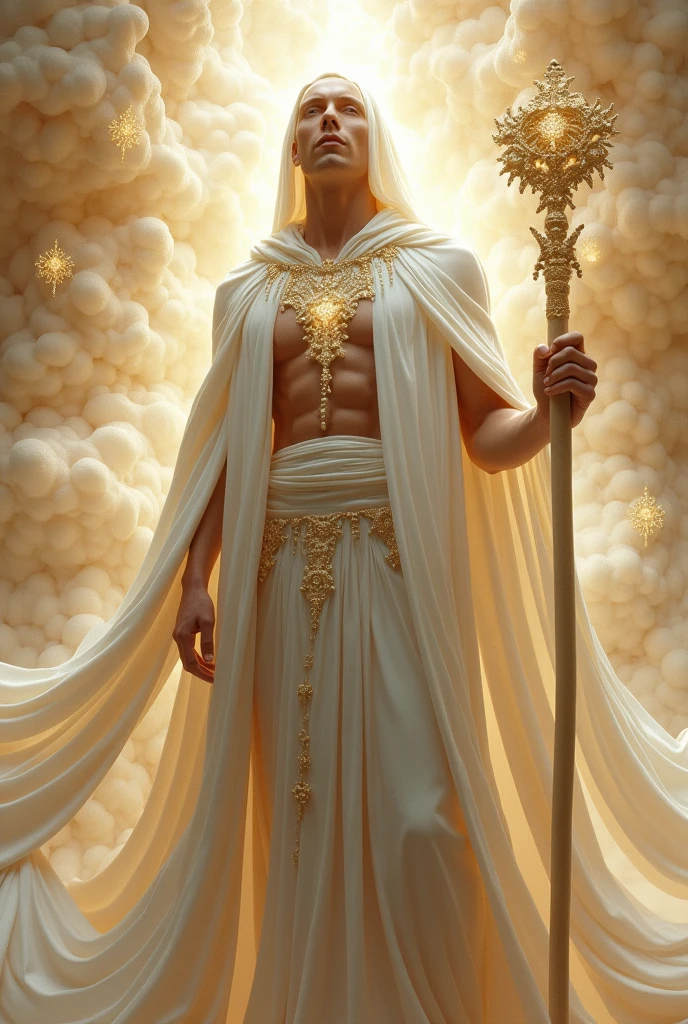 *A hyper-detailed and highly realistic scene set in the fifth dimension. The artwork features a wise fractal being with a perfect and beautiful face, radiating light. The being is muscular and sensual, wrapped in a flowing white cloak symbolizing purity and wisdom. he holds a shining staff, representing ancient knowledge and power. The close-up and photographic view highlights its facial features and the intricate patterns on the mantle.. The background is filled with soft and luminous fractal patterns, creating a serene atmosphere with a warm and welcoming light that transmits peace, spiritual ascension and elevation. The image is 4K quality, capturing every detail in a realistic and artistic way.*
