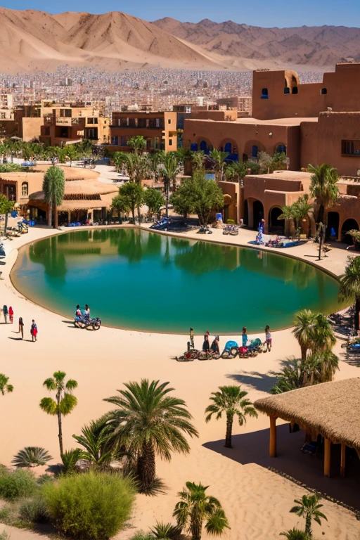 An oasis in the desert,A city surrounding an oasis,Huacachina, Peru