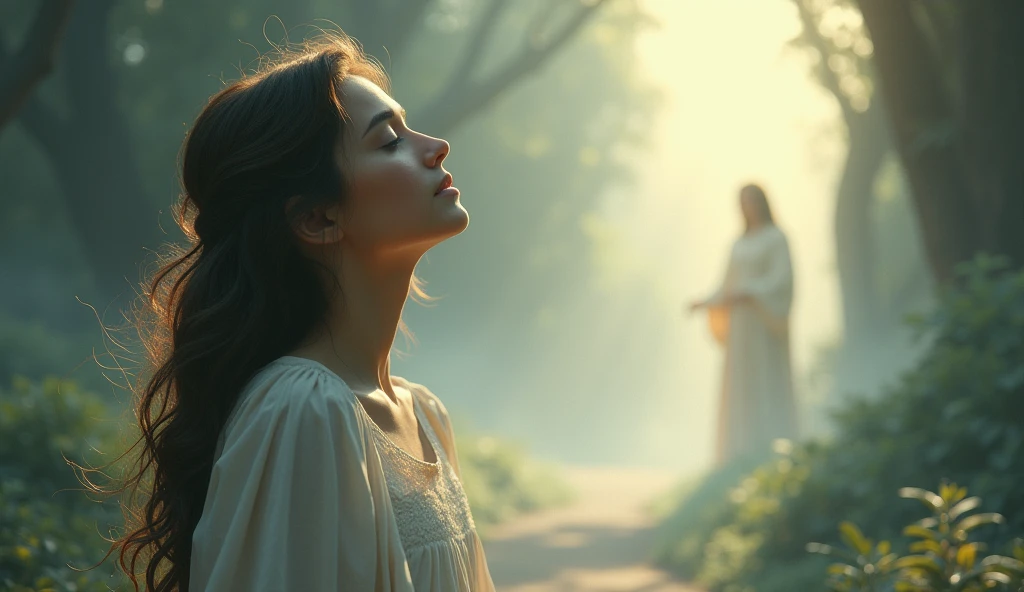 "A person receiving a subtle, yet clear sign of divine guidance, perhaps through a symbolic gesture or light. The environment is calm but filled with hints of a larger, unseen plan. The mood is one of quiet assurance and faith in the path ahead."
