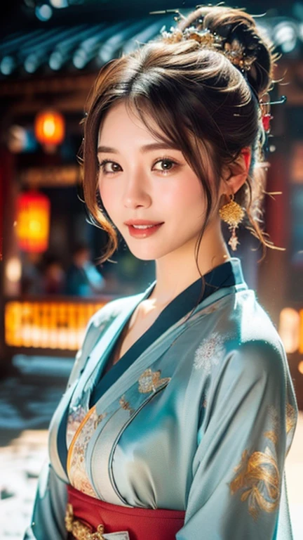 (1 girl, youthful gorgeous Lady, brown_eyes, brown_hair, cross_earrings, earrings, jewellery, Ancient China, Traditional Hanfu, Silk Hanfu, Hanfu, natural pose in a snowy night,
Detailed Beautiful face, Detailed Facial Features, beautiful eyes, dimples, snaggle-tooth, Kind smile, Red lips, short hair, bob hair, cute ponytail, extremely detailed eyes, extremely detailed face, beautiful detailed lips, long eyelashes, arms close together, ears out, golden ratio face, golden ratio body, perfect body anatomy, huge breasts, big breasts,
(SNOW:1.3),
Night outdoors, snow flakes, snow, winter,
(best quality, 4K, 8k, highres, masterpiece:1.2), ultra-detailed, (realistic, photorealistic, photo-realistic:1.37), HDR, UHD, sun light, ultra-fine painting, sharp focus, physically-based rendering, extreme detail description, professional, vivid colors, award-winning, bokeh, cowboy_shot, SFW, Safe for Work)