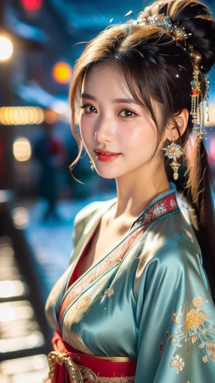 (1 girl, youthful gorgeous Lady,  brown_eyes, brown_hair, cross_earrings, earrings, jewellery, Ancient China, Traditional Hanfu, Silk Hanfu, Hanfu, natural pose in a snowy night,  

Detailed Beautiful face, Detailed Facial Features, beautiful eyes, dimples, snaggle-tooth, Kind smile, Red lips, short hair, bob hair, cute ponytail, extremely detailed eyes,  extremely detailed face, beautiful detailed lips, long eyelashes, arms close together, ears out, golden ratio face, golden ratio body, perfect body anatomy, huge breasts, big breasts, 

(SNOW:1.3),
Night outdoors,  snow flakes, snow, winter,
(best quality, 4K, 8k, highres, masterpiece:1.2), ultra-detailed, (realistic, photorealistic, photo-realistic:1.37), HDR, UHD, sun light, ultra-fine painting, sharp focus, physically-based rendering, extreme detail description,  professional, vivid colors, award-winning, bokeh, cowboy_shot, SFW, Safe for Work)