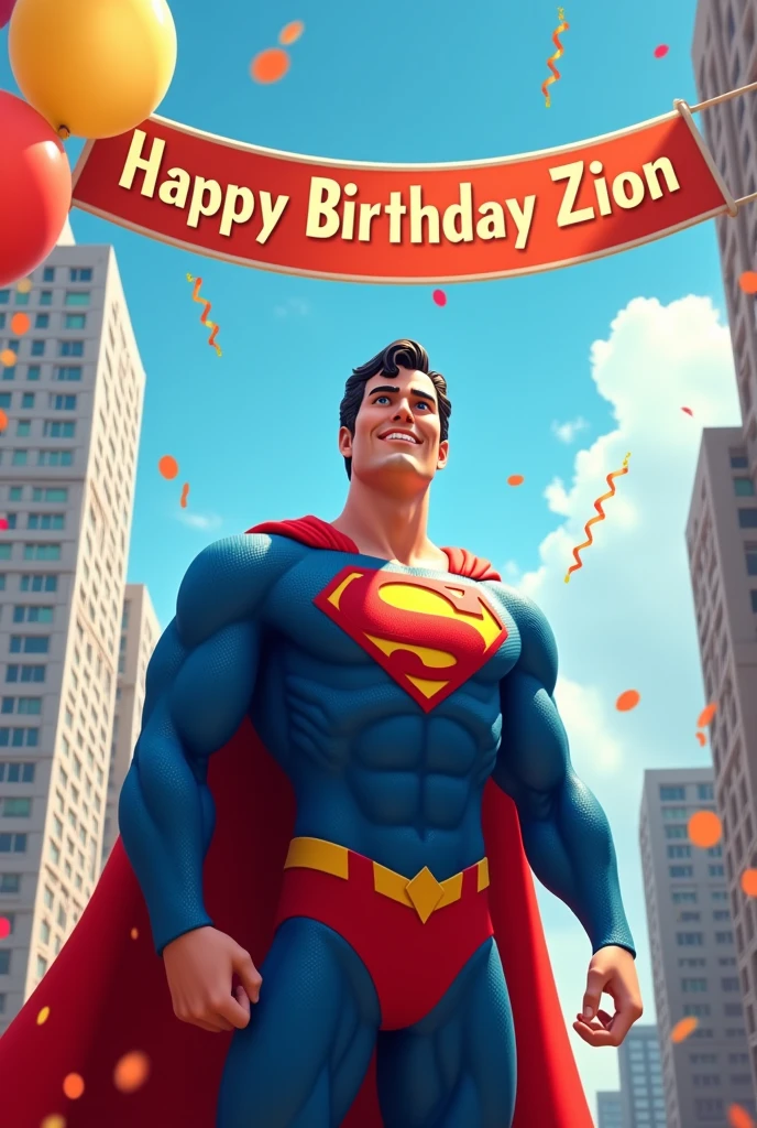 Superman with Zion name with happy birthday banner