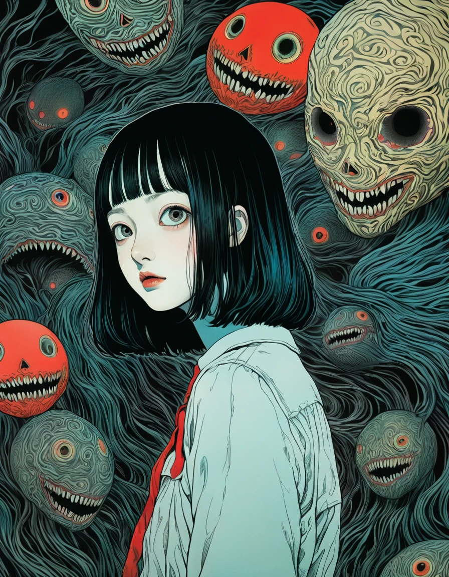 illust、art、horror, directed by Junji Ito、high detail, realsitic shadow、Analog style, chromatic aberration, surrealism