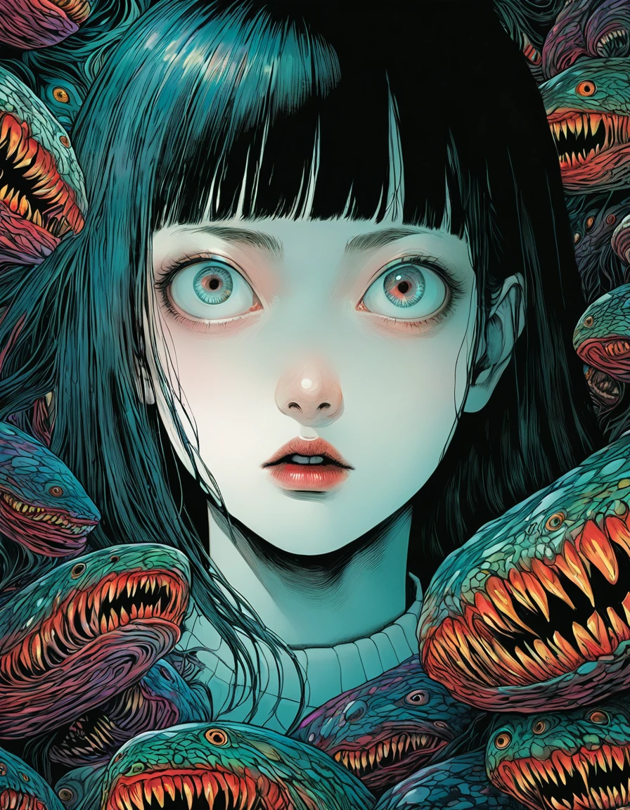 illust、art、horror, directed by Junji Ito、high detail, realsitic shadow、Analog style, chromatic aberration, surrealism