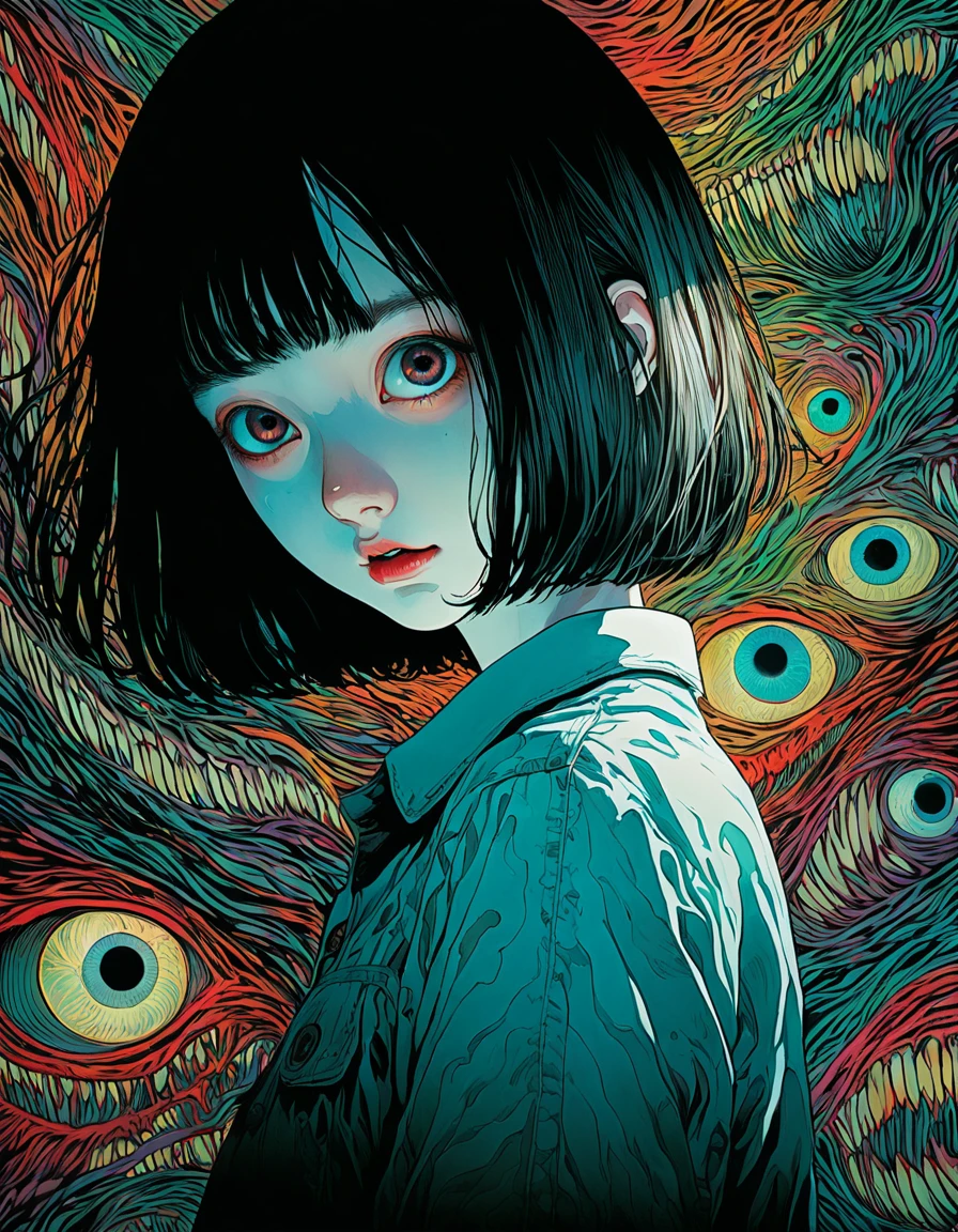 illust、art、horror, directed by Junji Ito、high detail, realsitic shadow、Analog style, chromatic aberration, surrealism