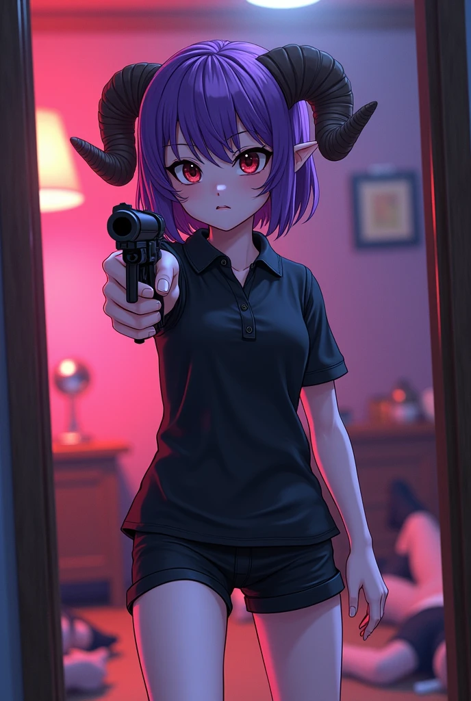 create a roblox style masterpiece , colorful and striking of a vermeil style girl but with white skin, with small ram horns, short purple hair, Red eyes, Elf&#39;s ears, A completely black polo shirt that covers the stomach and black shorts with socks. serious expression, doubt, place the game of murder mystery 2 trying to aim at the murderer with a revolver and avoiding being stabbed with a knife by the murderer who is the other player, inside a house with other players lying on the floor
