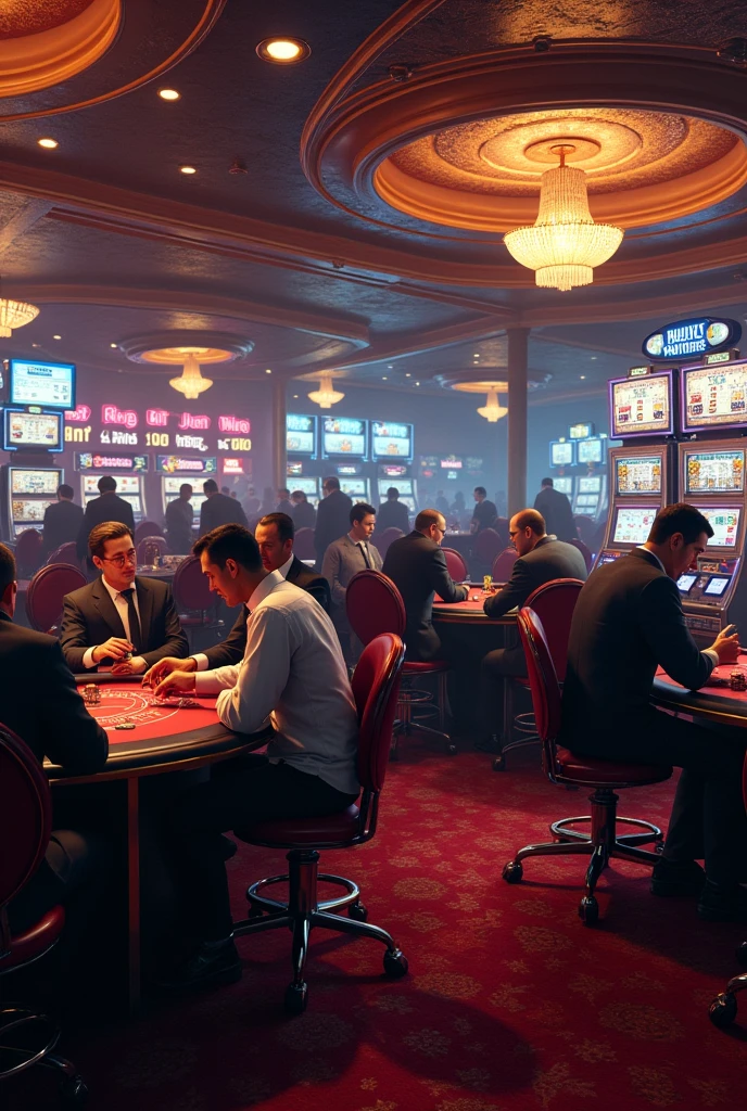 Design an interior casino scene in GTA style, with gambling tables, slot machines, and well-dressed people playing. Include security guards standing watch