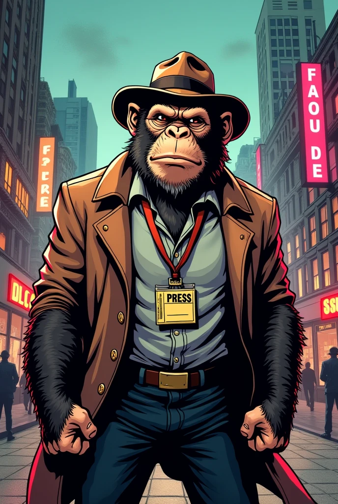 Comic style illustration of a tough reporter monkey 