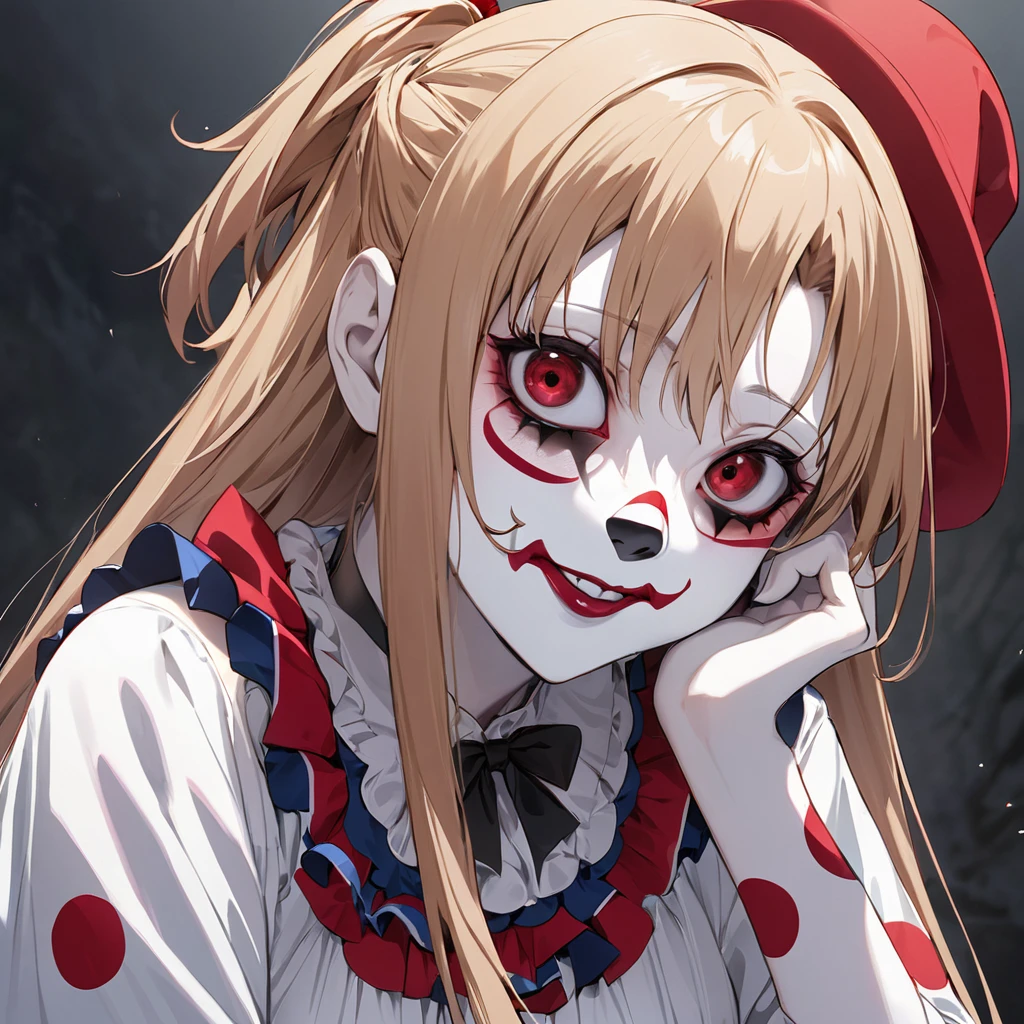 ((Highest quality)), ((masterpiece)), (detailed), （Perfect Face）、((The woman is Yuuki Asuna, with light brown, medium-long hair, pure white skin, and is wearing a creepy clown costume and a creepy clown mask.))、Woman is a creepy and evil clown with makeup on her face and a red nose、The woman is a creepy, evil, and lewd clown who has given her soul to an evil organization.