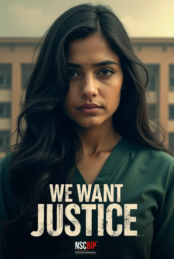 Make a poster on RG kar medical College and hospital against brutality raped and murder case on duty lady doctor. Headlines will be " WE WANT JUSTICE " and given bellow my collage name "NSCBIP"
