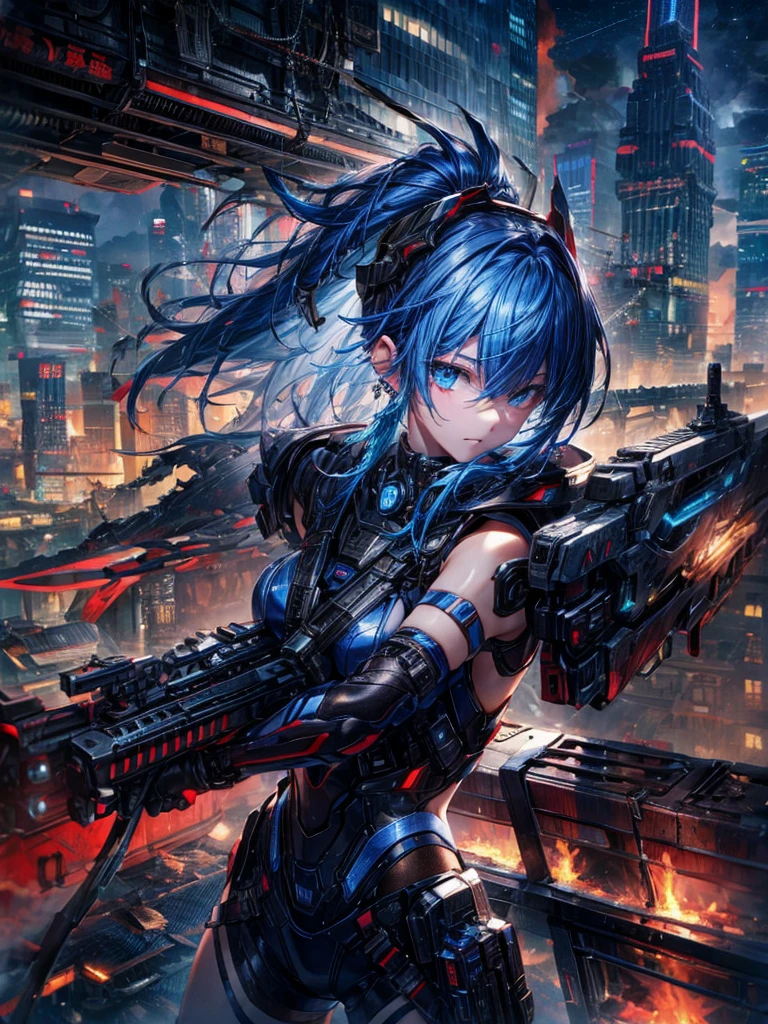 absurdists, RAW Photos, Very delicate and beautiful, masterpiece, Highest quality, Ultra-high resolution, 32K, surreal, Very detailed, cyberpunk world、20-year-old, Delicate facial features,, Earrings, Medium chest, Full Body Shot, Shorten the middle part of the hair, Beautiful Blue Hair, , short Hairstyles、Cyber Tech Suit with realistic texture、The fabric is thin,City background.(night、Rooftop of a burning building:1.5)
Hair in front of eyes, Blue Hair/Light blue hair, Hair that falls over the shoulders, (Carrying a weapon、have a weapons:1.2)(Razor Blade)(Cleavage)(Cybertechware)(headgear)