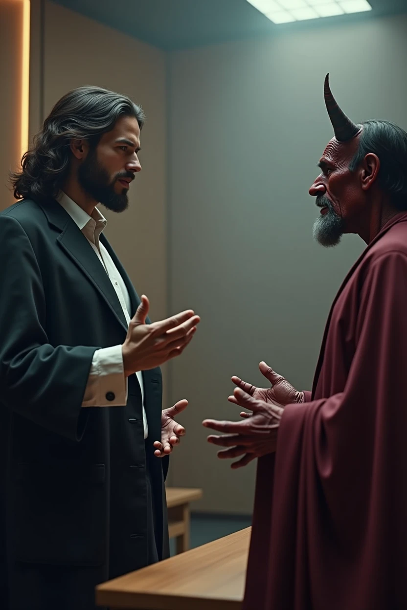 Create a contemporary courtroom scene with a modern, formal feel. In the center of the image, Jesus is portrayed as a lawyer. He is wearing an elegant suit and displays an expression of seriousness and compassion as he defends the defendant. Next to him, the devil is acting as the prosecution, with a sinister and threatening appearance, also in formal attire that contrasts with the courtroom environment. The defendant, visibly anxious, sits in the dock in simple attire, in contrast to the lawyers and accusers.