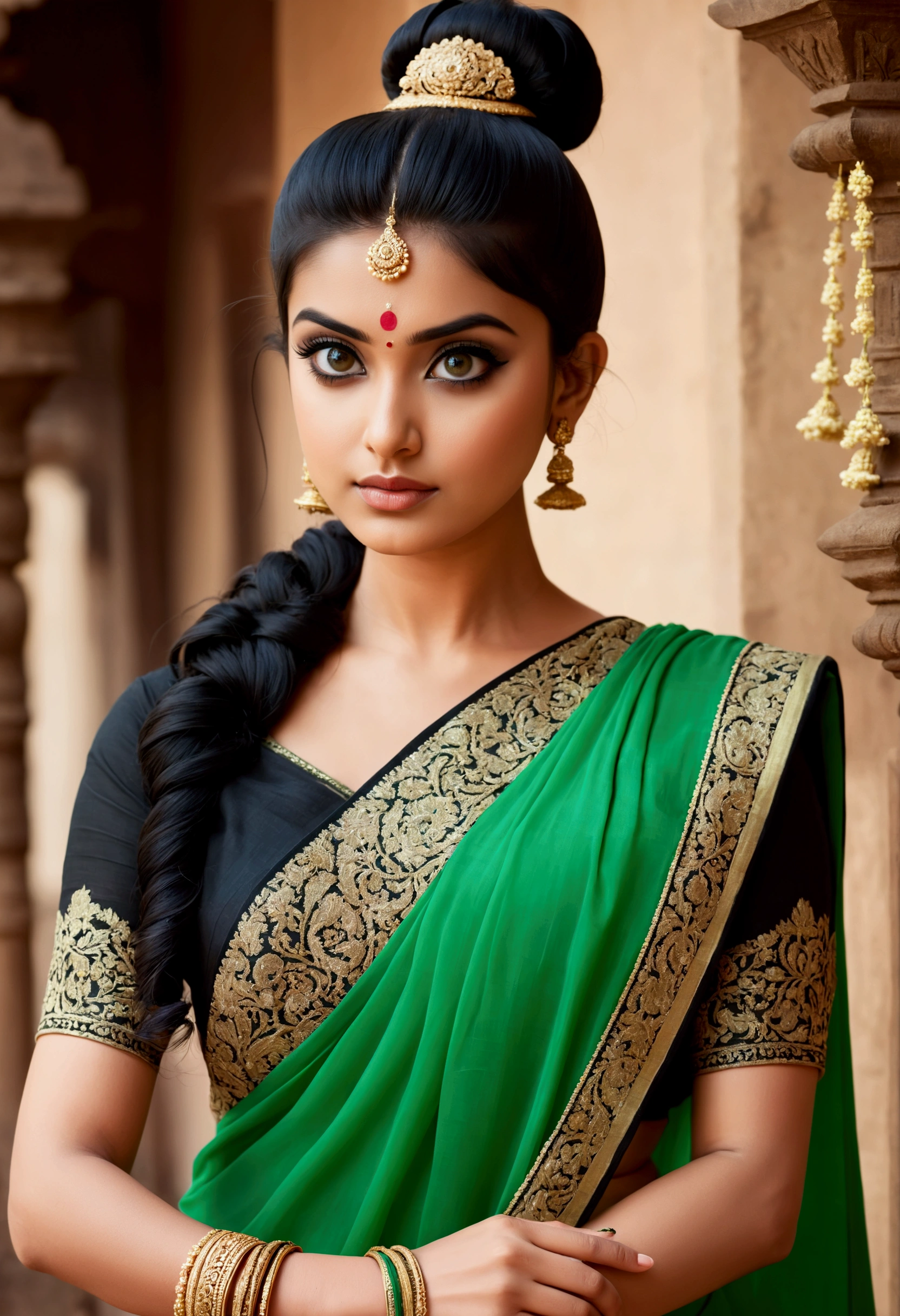 Girl wearing green saree,having black hair ,black eyes , top knot hairstyle