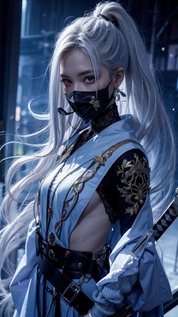 Girl with white hair and mask holding a sword,