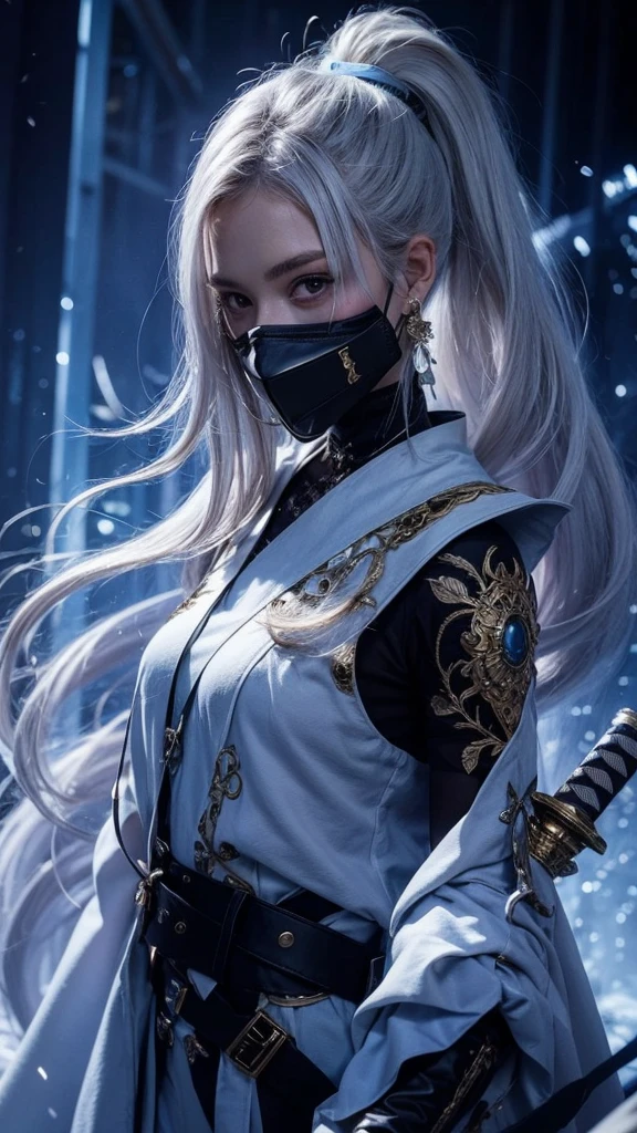 Girl with white hair and mask holding a sword,