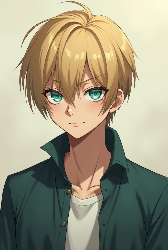 Chico, tall and bitter-looking, short dark blonde straight hair, turquoise eyes, wear casual clothes. anime style.