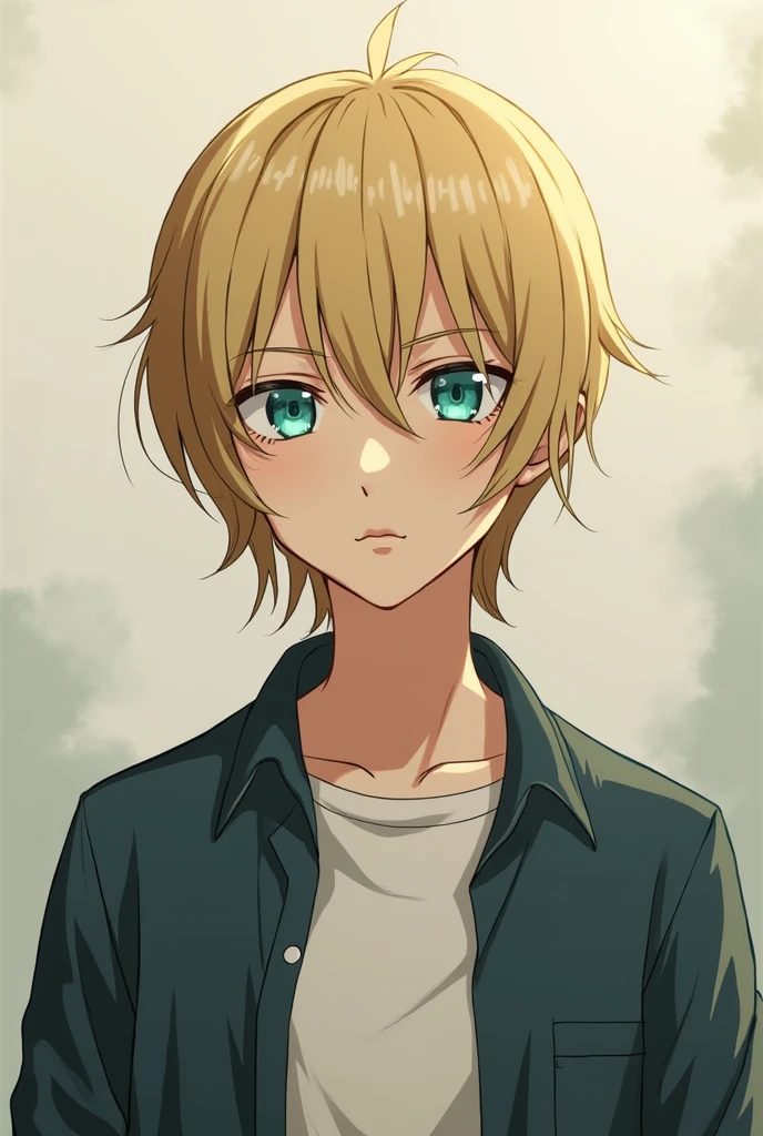 Chico, tall and bitter-looking, short dark blonde straight hair, turquoise eyes, wear casual clothes. anime style. 
