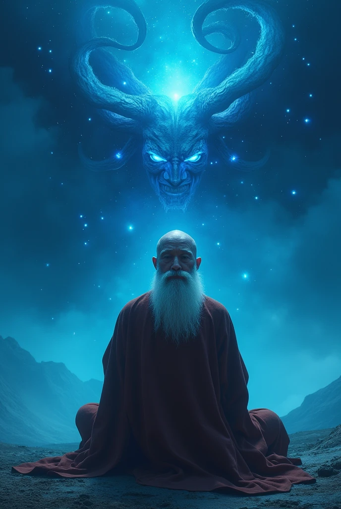 Middle-aged Bonze Elder faces demon in blue galaxy closeup, no hair, A meditator, Has a white beard, Meditation crosses legs, Buddhism, Wearing brown shirt, in the center, Facing the lens, Starry sky space, Milky Way, monk, Buddhism, Universe Background,Very Bright Color, Light Grain, With Glowing Light, Mshiv, Art Wallpaper, UHD Wallpaper ...