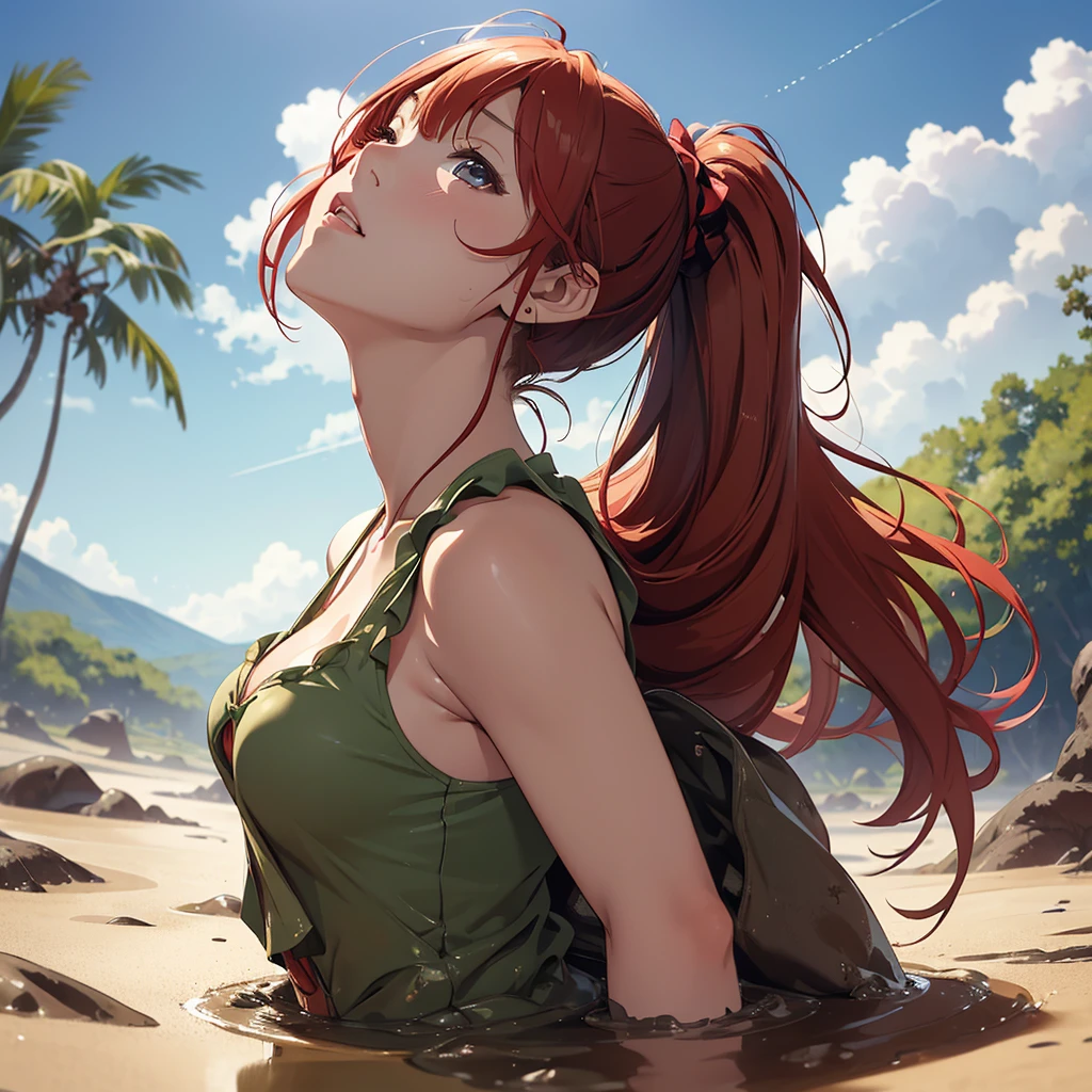 1girl, solo, masterpiece, best quality, high res, highly detailed, (illustration), beautiful detailed eyes, yuigahama yui, red hair ponytail, glossy lips, light makeup, orgasm, (looking up to the sky:1.5), intimate moment, sleeveless top, cleavage, (quicksand:1.4), (from side:1.4), bog, swampy, grassy, eyes shut, gasping