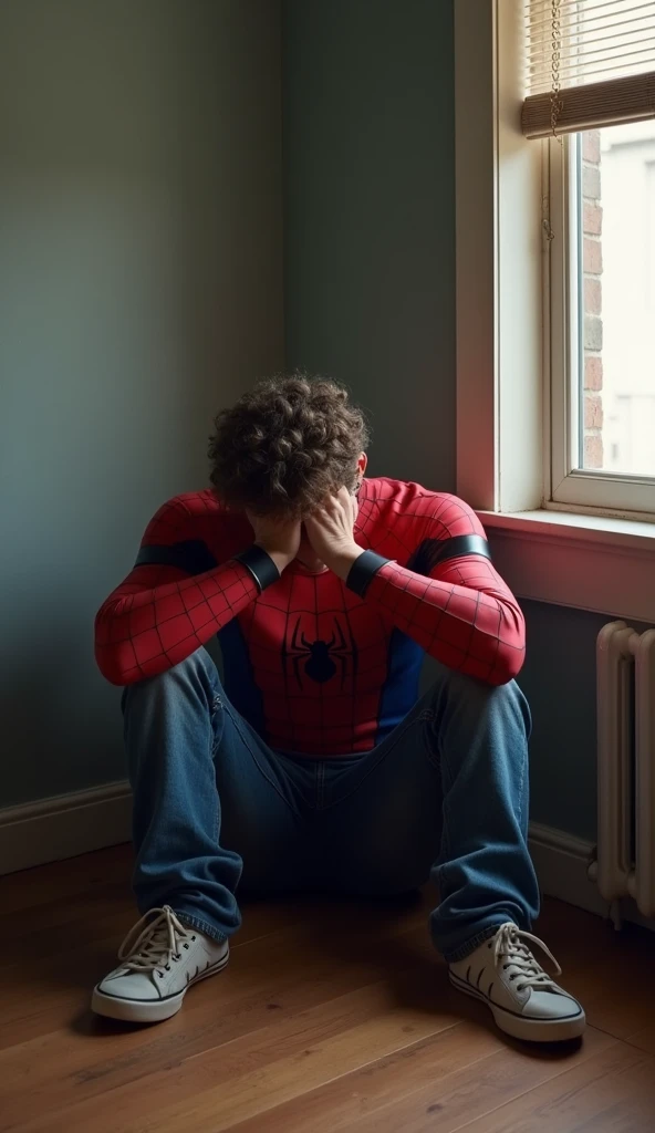 new Peter Parker sits in a corner of his room, his head between his legs, sad and depressed wear casual wears.