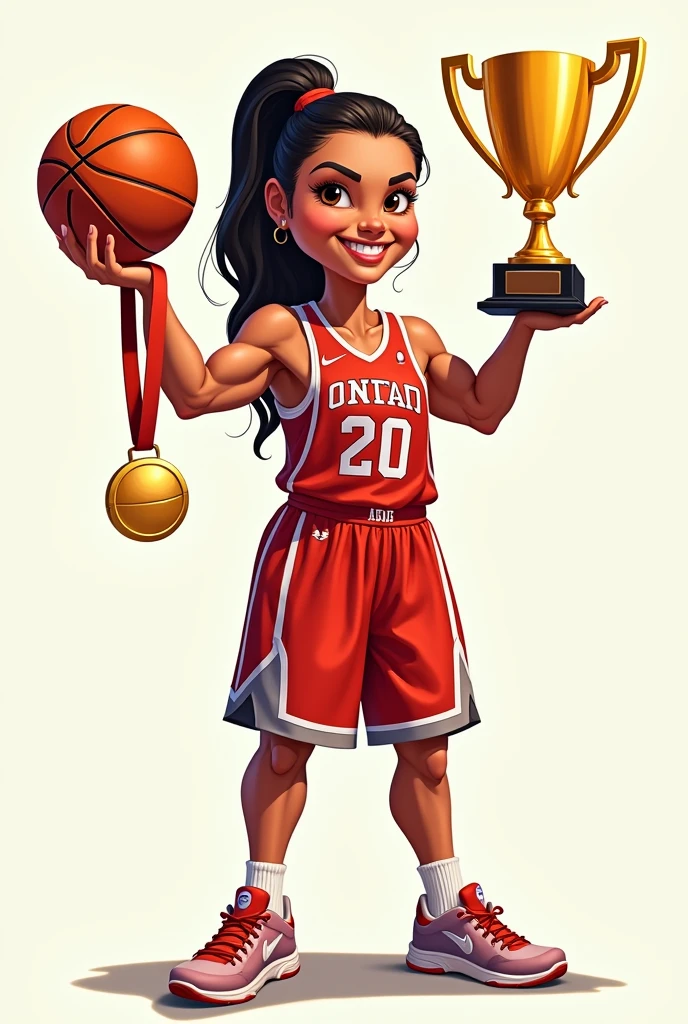 make a caricature of a female basketball player holding a medal in her right hand and holding a trophy in her left hand