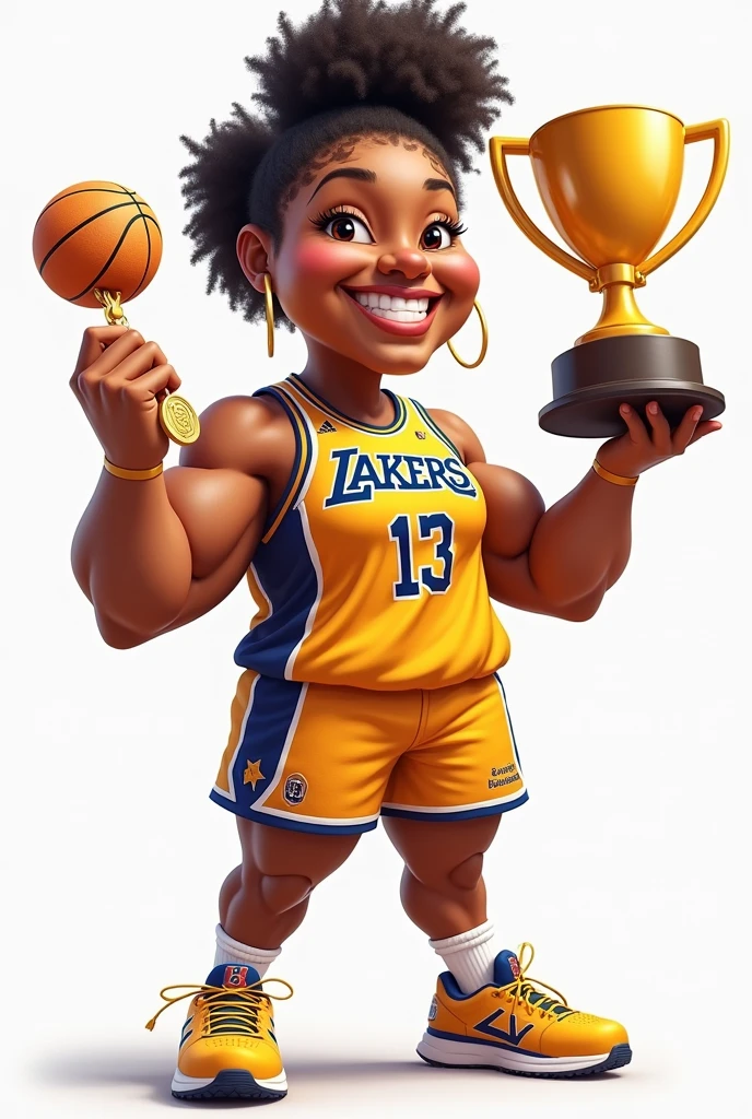 make a caricature of a female basketball player holding a medal in her right hand and holding a trophy in her left hand