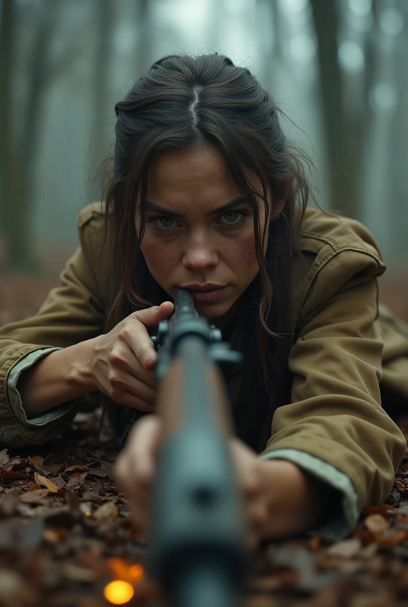 ((( masterpiece ))), (((Highest quality))), ((Very detailed)), (photograph), ((Very Rough and ugly)), High resolution, One dirty-face English Colonial soldier woman, Age 55, laying on the ground, holding an ancient rifle. Aiming to a target out of the frame. front POV (Detailed eyes), (Detailed facial features), (Detailed Weapons), (Detailed fingers), (Leg details), (Eyes visible through hair), ((Drunk Eyes)), (Embarrassing :1.2), (Toothless smile), (((Fuller lips))), (Forest Scene), (Upper Body), Colonial beige coat, ((Dim Light)), ((Film Grain)), ((Single-lens reflex camera)), ((35mm lens focal length)). 

Cinematic lights. Masterpiece, best quality, 8K, photo realistic, wallpaper, wallpaper 8k, photographic contest winner, Hyperrealistic art cinematic film still photography in the style of detailed hyperrealism photoshoot. [Entire scene is surrounded by lights, evoking a magical and eerie atmosphere. The lighting is bright and atmospheric, with smoke adding a touch of sinister ambiance. Best quality image, HDR enhancement, showcasing the utmost level of detail and realism]. [8K, Best Quality, Ultra High Resolution, (highly detailed CG unity 8k wallpaper), (best photo), (best shadows), isometric 3D, octane rendering, ray tracing, highly detailed, (Best quality, 4K, 8k:1.2), absurdity, ultra detailed, (realistic, photorealistic, photorealistic:1.37), complex parts, HDR, (complex parts:1.12), (hyper detailed, hyper realistic, Soft lighting, spicy:1.2), (complex parts, Hyper detailed:1.15). Blurred foreground. (backlit), masterpiece, high quality, brightness, chromatic aberration, foggy smoke, shadows, contrast, clear sky, (warm hue, warm tone), high details, natural reflections].