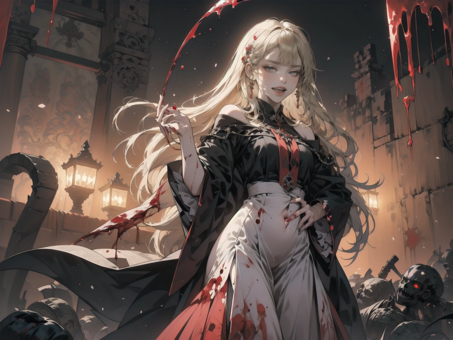 .(Highest quality,4K,High resolution,masterpiece:1.2),Very detailed,Realistic:1.37,Spooky altar background,Dark fantasy,Red color scheme,Ominous atmosphere,Eye-catching,Storytelling,anatomy,Anime Style,Concept Art,beautiful細部までこだわった顔と (((Red eyes ))),A terrifying ritual ,Satanic Ritual,Premature death,inappropriate behavior,クレイジーなsmile,Scythe Face,Girl Monster, beautiful, Delicate facial features, Sharp Eye, Sharp Fangs, pale skin, Thick chain, Dark Background, Cinema Lighting, Dramatic Shadows, Gothic style, Gloomy atmosphere, Dark fantasy, One Girl, Please open your mouth wide, Open your mouth and baring your teeth,Sharp teeth like a beast, Wide lips, very wide mouth, Vermilion cheeks, ,(Blood splatter:1.4),Scary smile, smile,Angel Design, Twisted smile、Bloody、bleeding from the head,,,,,、Blood splatter、,(Blood splatter:1.4),skull,Horrorスタイル, ((Fantasy Sweet Ta Frill Pink Costume)), ((Flowing blonde hair)), ,(Blood splatter:1.4),Female curves, Sexy flat stomach, Perfect hands, Perfect anime face, (Pink Tata Dress)), Are standing, ((邪悪なsmile)), ,(Blood splatter:1.4), Steam circulates, Moonlight Illumination, night lighting, (Blood splatter:1.6),アニメAngel Design, Twisted smile、Bloody、bleeding from the head,,,,,、Blood splatter、,(Blood splatter:1.4), skull,Gothic architecture、Western architecture、Fantasy World、,Victorian cities, Skeleton Gas Light,Absurd, High resolution、 ((Tabletop)), ((Highest quality)), (Very detailedな), ((Very detailed)), (beautiful), ((pretty girl)), (NFSW:1.8), alone,(10 years old:1.6)、(world&#39;The most terrifying and creepy demon :1.5)beautiful face、Whole Body Ezbian、pale, beautiful肌、beautiful金の髪、Smiling Kindly、Dark building ruins、(snow white&#39;Frill dress:1.3)、(The dark ruins are stained with blood:1.3)、Low angle full body shot、(少女は血の海の中にAre standing:1.5)、(The ground is full of blood:1.3)、(The  lost a lot of blood...:1.3)、(クレイジーなsmile:1.6)、Spirits、(Blood dripping from the mouth:1.3)、Neo-goth style, Wearing a black dress and a white collar, Wearing a black hat、wearing heavy makeup, Standing in a mystical garden surrounded by vines. The garden is full of deep purple flowers.、背景のGothic architecture。. &#39;The hair is golden、、A red rose is pinned to the side。. Her eyes are sharp、It&#39;Like being stabbed., Thick black eyeliner and long lashes. 彼女は顔色がpale.、Her lips are bright red.. The atmosphere is gloomy and eerie, with dim lighting casting long shadows. This piece combines digital illustration and photography..., outcome、驚くほどHigh resolutionの画像が生まれました. Most of the colors are dark、I&#39;Calm, Deep reds and purples create a dark beauty.. The style is neo-Gothic., Horror, Portrait Photography, Create unique and compelling visual experiences.Dark Imagery
