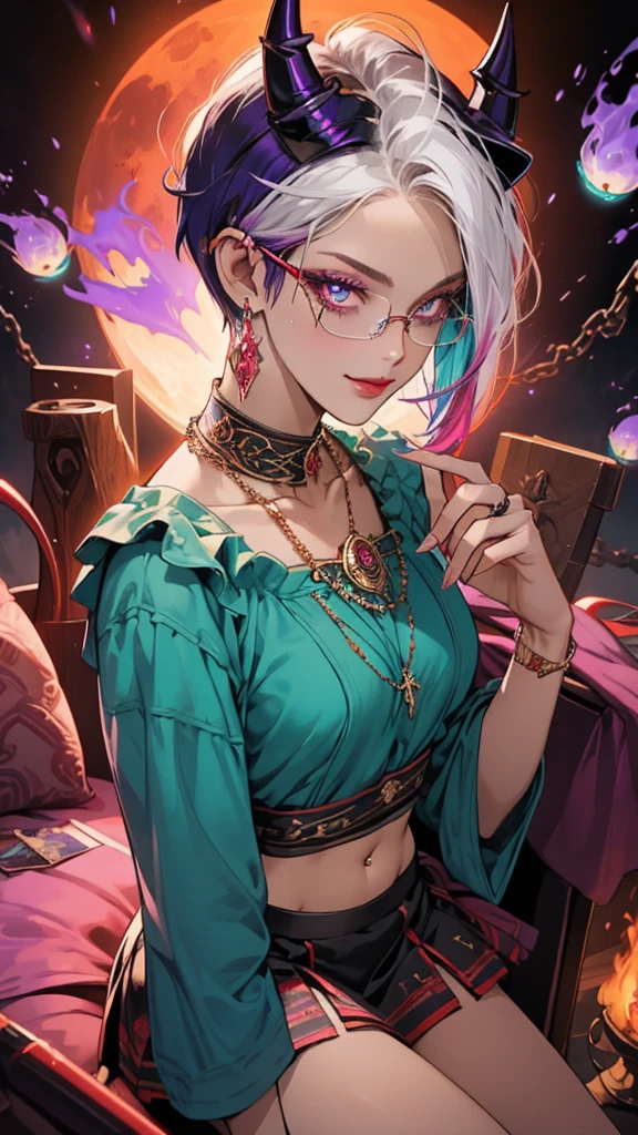 8k, masterpiece, best quality, highly detailed, 1 girl, tiefling, warlock, pixie cut, multicolored hair, very short straight hair red highlight hair on white hair, strippled hair, wearing glasses, round glasses, earrings, navel piercing, red eyeshadow, long eyelashes, blushed cheek, red lips, pearl necklace, rings, collarbone, mole on face, glamorous, teal and purple clothes, miniskirt, smirk, close up view, rings, looking at viewer, demon horns, solo, blood red moon, standing, royal dress, chains, firing fire blast