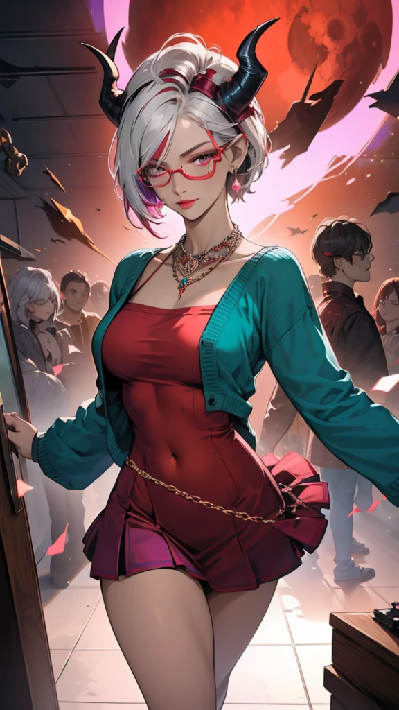 8k, masterpiece, best quality, highly detailed, 1 girl, tiefling, warlock, pixie cut, multicolored hair, very short straight hair red highlight hair on white hair, strippled hair, wearing glasses, round glasses, earrings, navel piercing, red eyeshadow, long eyelashes, blushed cheek, red lips, pearl necklace, rings, collarbone, mole on face, glamorous, teal and purple clothes, miniskirt, smirk, close up view, rings, looking at viewer, demon horns, solo, blood red moon, standing, royal dress, chains, firing fire blast