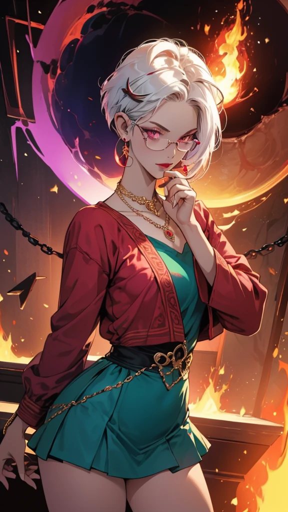 8k, masterpiece, best quality, highly detailed, 1 girl, tiefling, warlock, pixie cut, multicolored hair, very short straight hair red highlight hair on white hair, strippled hair, wearing glasses, round glasses, earrings, navel piercing, red eyeshadow, long eyelashes, blushed cheek, red lips, pearl necklace, rings, collarbone, mole on face, glamorous, teal and purple clothes, miniskirt, smirk, close up view, rings, looking at viewer, demon horns, solo, blood red moon, standing, royal dress, chains, firing fire blast