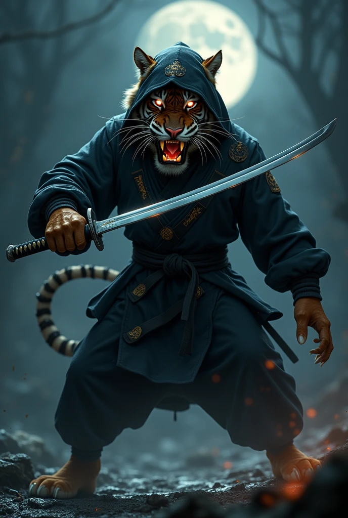 The tiger attack during the night wearing a ninja outfit with the sharp samurai sword attempting to kill people with the devil eyes