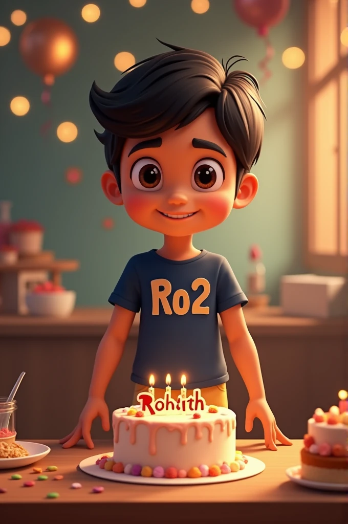 A fair indian boy stand back a table, which has birthday cake named "Rohith". The boy were a navy blue t shirt and butter colour jeans. T shirt named "Ro2".