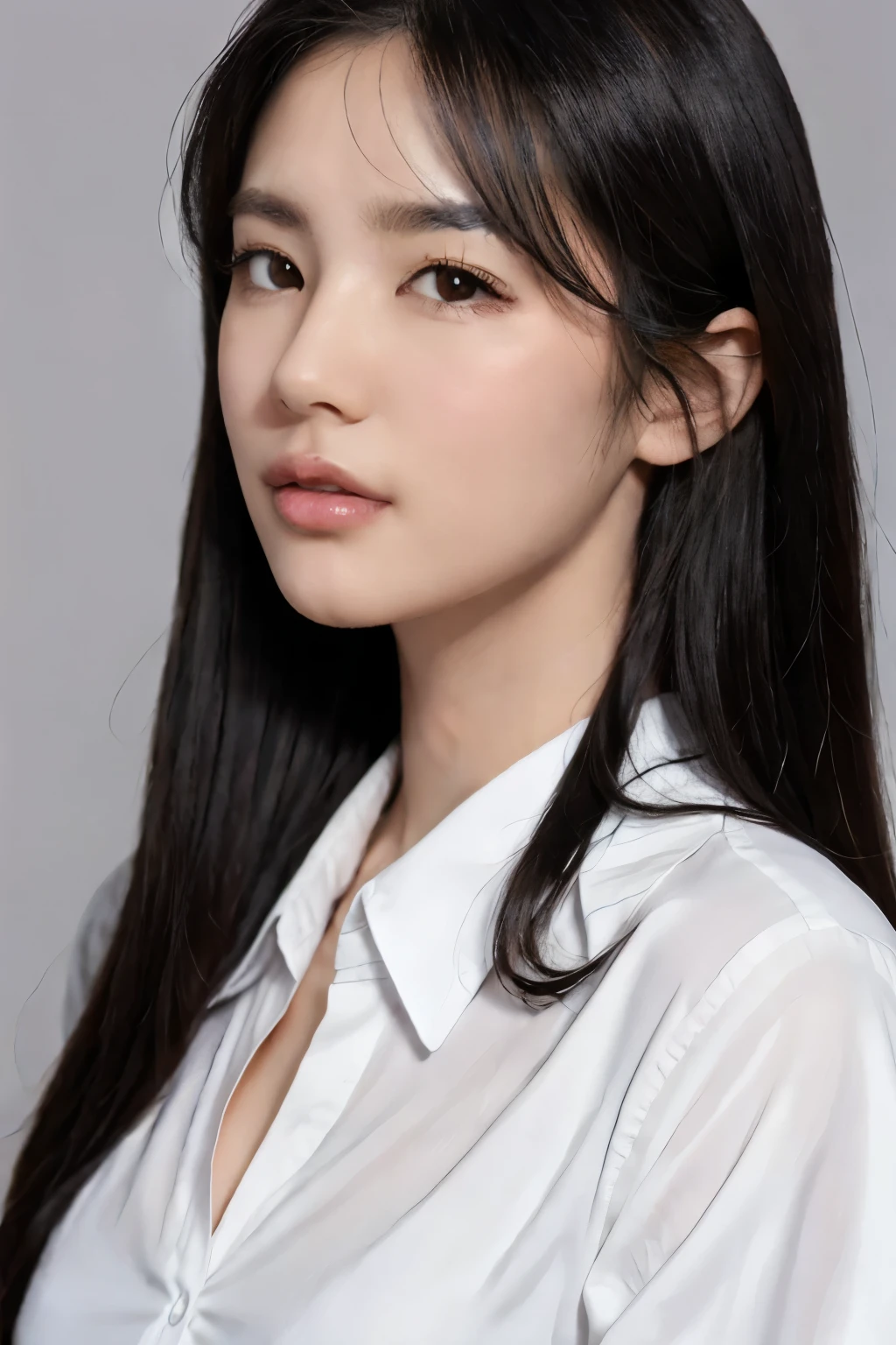 1 woman, alone, long_hair, looking for_~to_viewer, shirt, Black color_hair, brown_eye, closed_mouth, White_shirt, High_body, parted_mouth술, collared_shirt, artist_name, gray_background, hazy, Black color_eye, mouth술, dress_shirt, hazy_background, w~toermark, knitting_address, realistic, nose